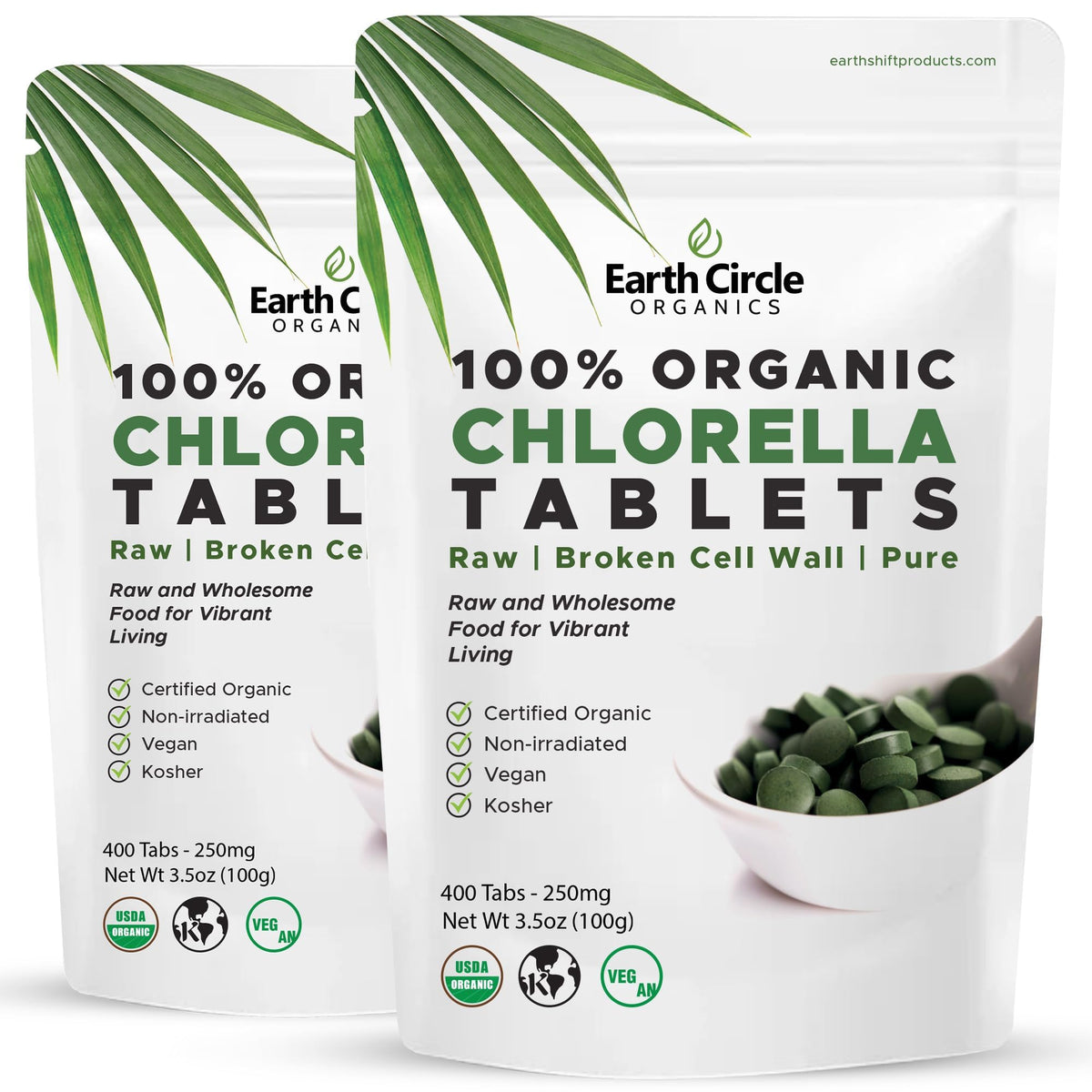 Earth Circle Organics chlorella tablets pack promotes daily wellness with a convenient daily dosage.