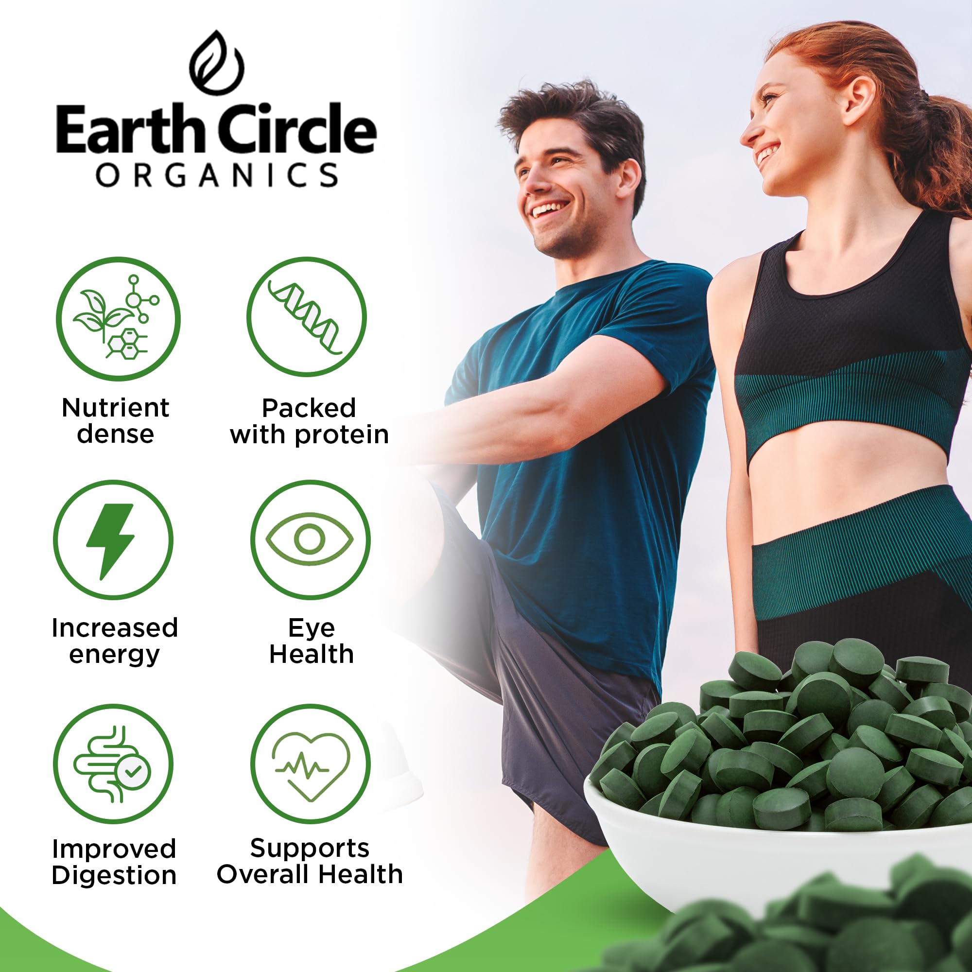 Earth Circle Organics tablets laid out to suggest daily energy and vitality use.