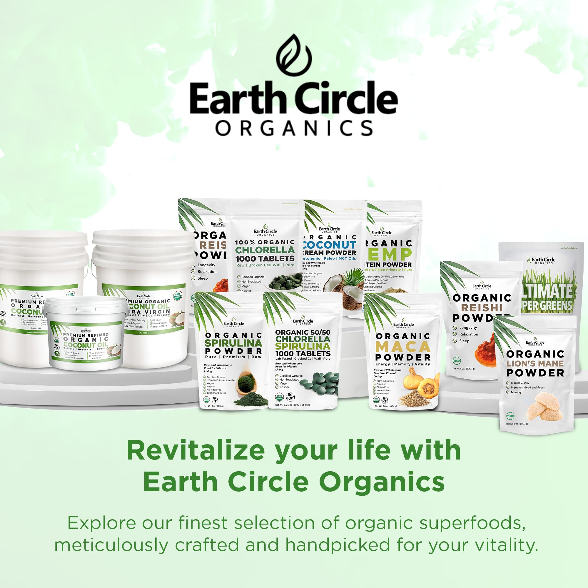 Earth Circle Organics high-chlorophyll, protein and iron features listed on panel.