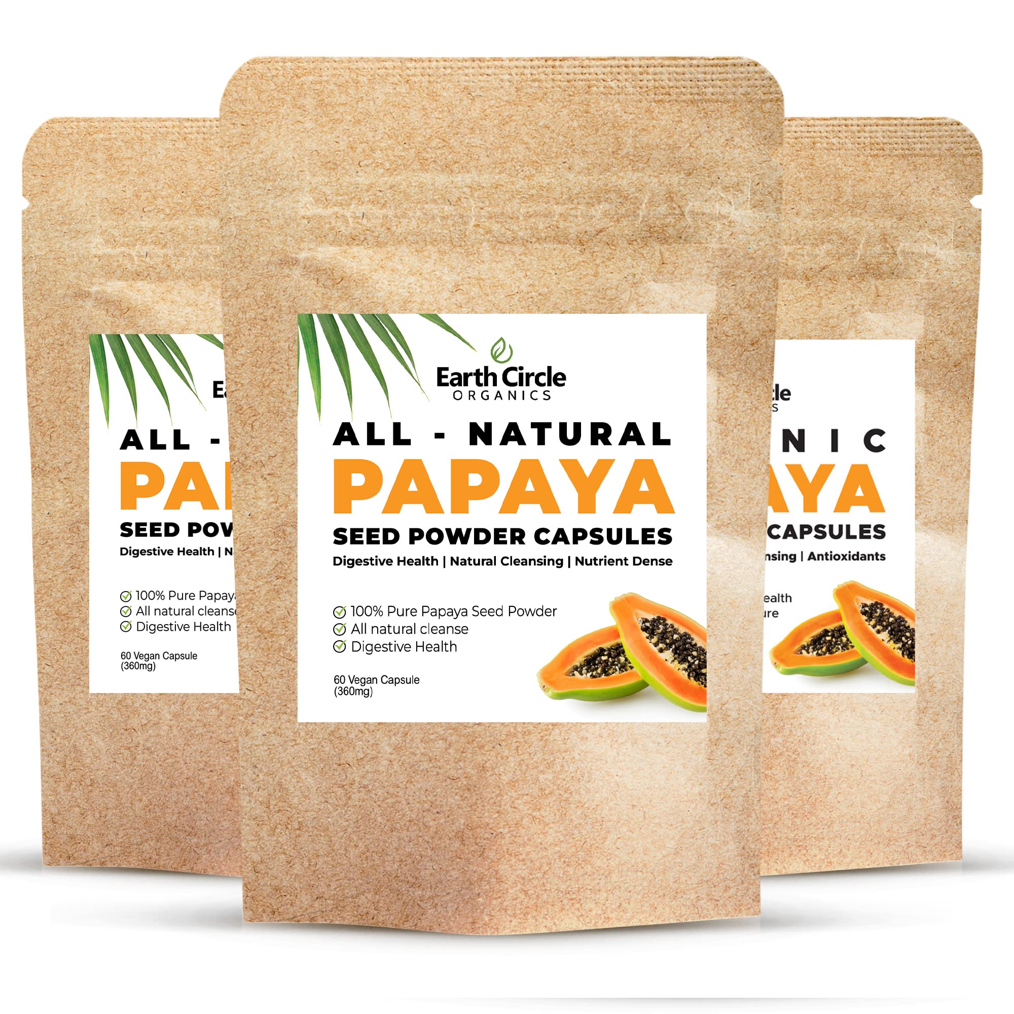 Earth Circle Organics papaya seed capsules packaging shows premium gut-friendly supplement