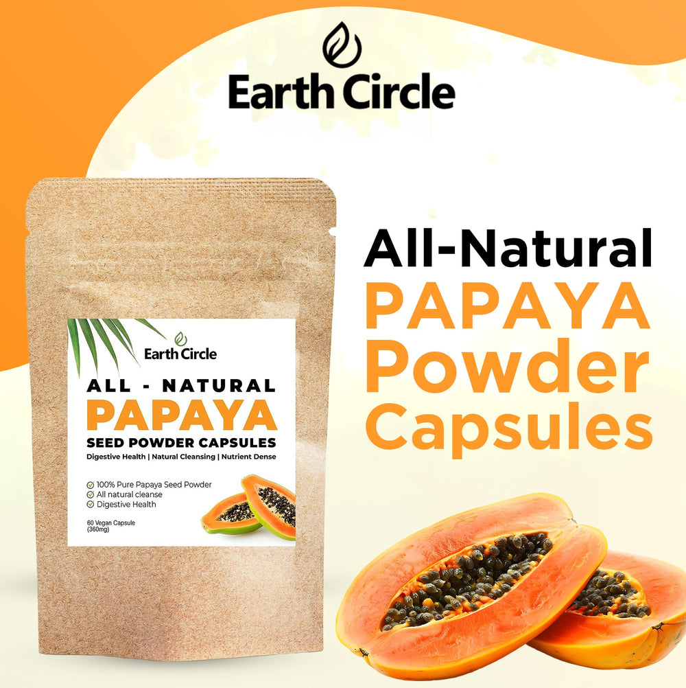 Earth Circle Organics capsule closeup shows powder texture and papain enzymes for digestion help