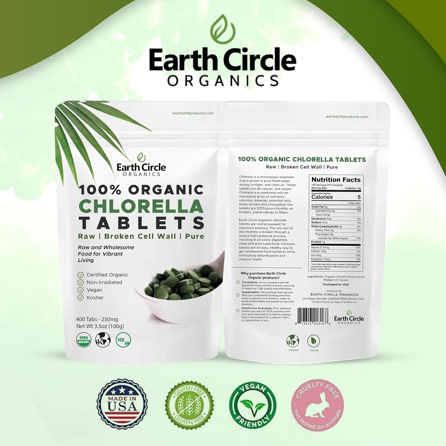 Earth Circle Organics pure green chlorella tablets image highlights clean, vegan, non-GMO superfood.