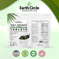 Earth Circle Organics pure green chlorella tablets image highlights clean, vegan, non-GMO superfood.
