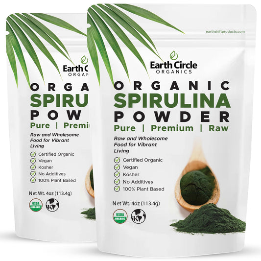 Earth Circle Organics Spirulina bottle close-up with vibrant green powder and clean label.