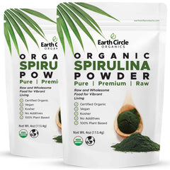 Earth Circle Organics Spirulina bottle close-up with vibrant green powder and clean label.