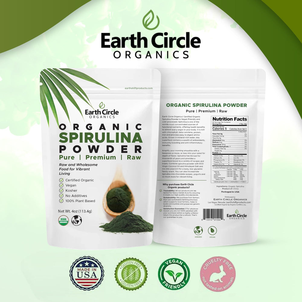 Label on Earth Circle Organics Spirulina powder shows kosher, raw, vegan credentials.