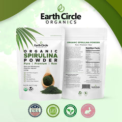 Label on Earth Circle Organics Spirulina powder shows kosher, raw, vegan credentials.