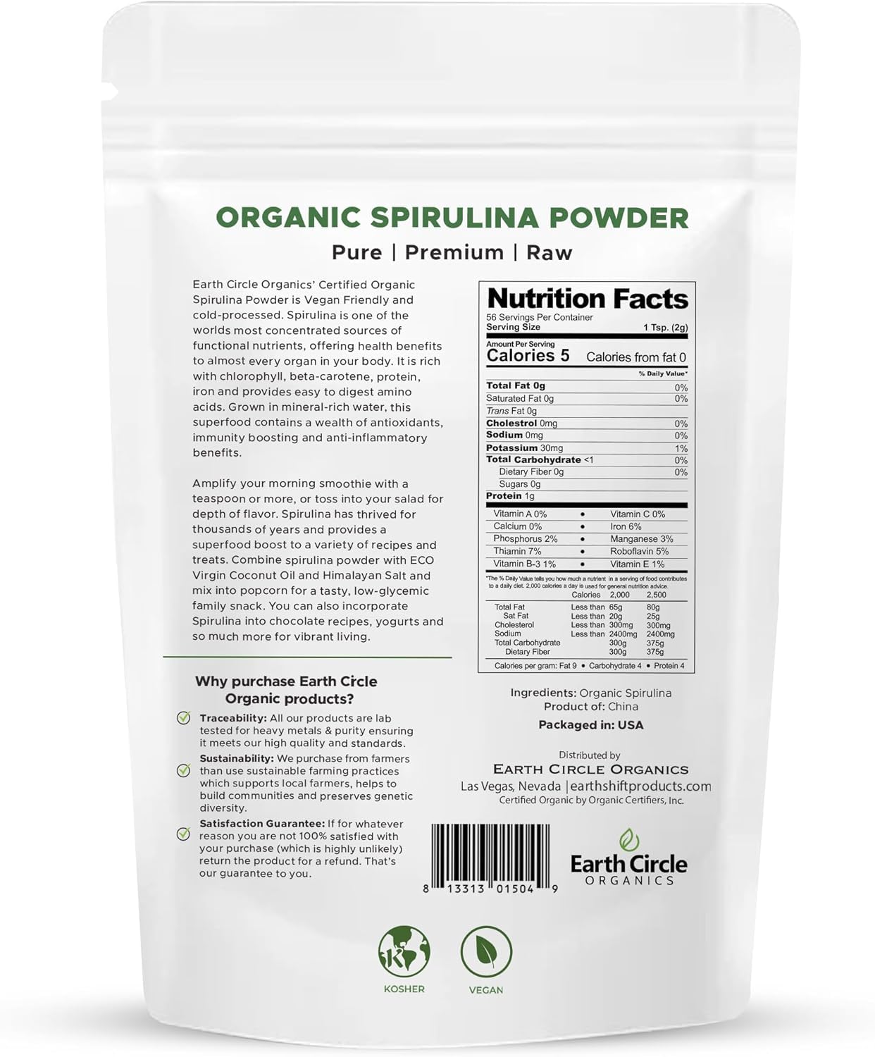 Earth Circle Organics Spirulina powder scoop pouring into a smoothie.
