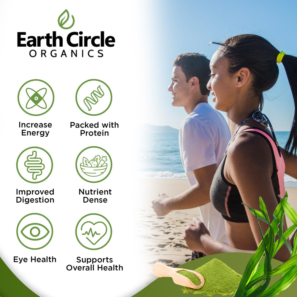 Earth Circle Organics Spirulina powder texture appears vibrant and fine.