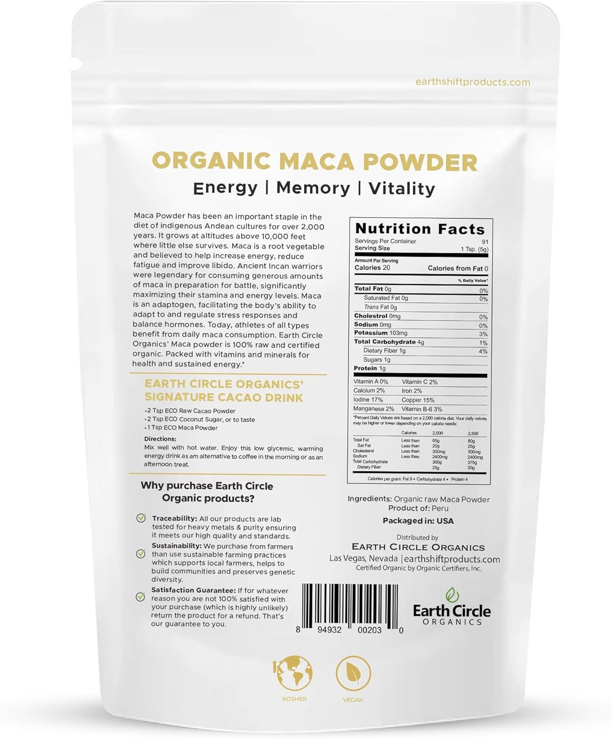 Earth Circle Organics Yellow Maca Powder closeup reveals fine pale-yellow texture perfect for mixing.