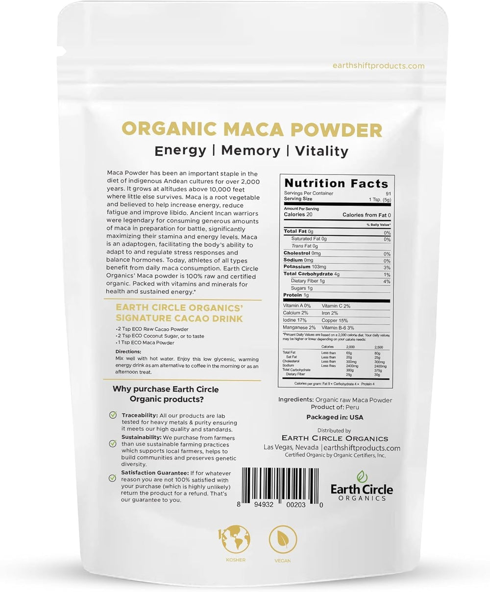 Earth Circle Organics Yellow Maca Powder closeup reveals fine pale-yellow texture perfect for mixing.
