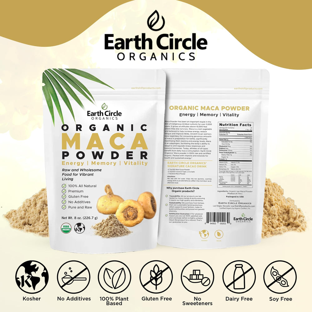 Earth Circle Organics Yellow Maca Powder on shelf showcases gluten-free and vegan attributes.