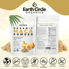 Earth Circle Organics Yellow Maca Powder on shelf showcases gluten-free and vegan attributes.