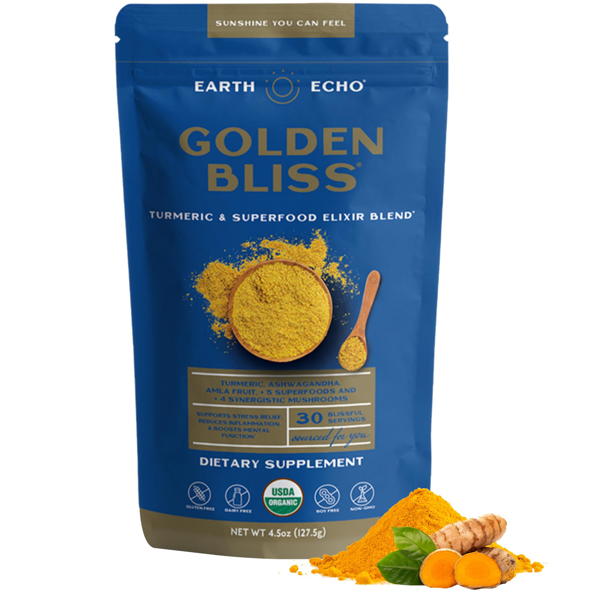 Earth Echo Golden Bliss bottle pour showcases a calming evening ritual with turmeric and ginger