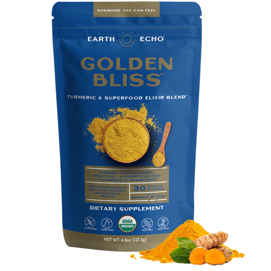 Earth Echo Golden Bliss bottle pour showcases a calming evening ritual with turmeric and ginger