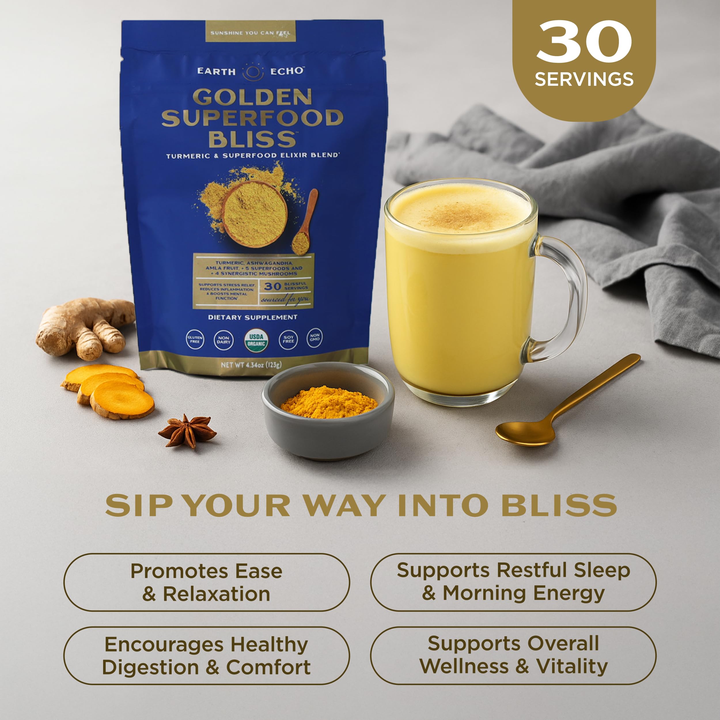 Earth Echo Golden Bliss turmeric-ginger blend highlights antioxidant flavors for mindful evenings