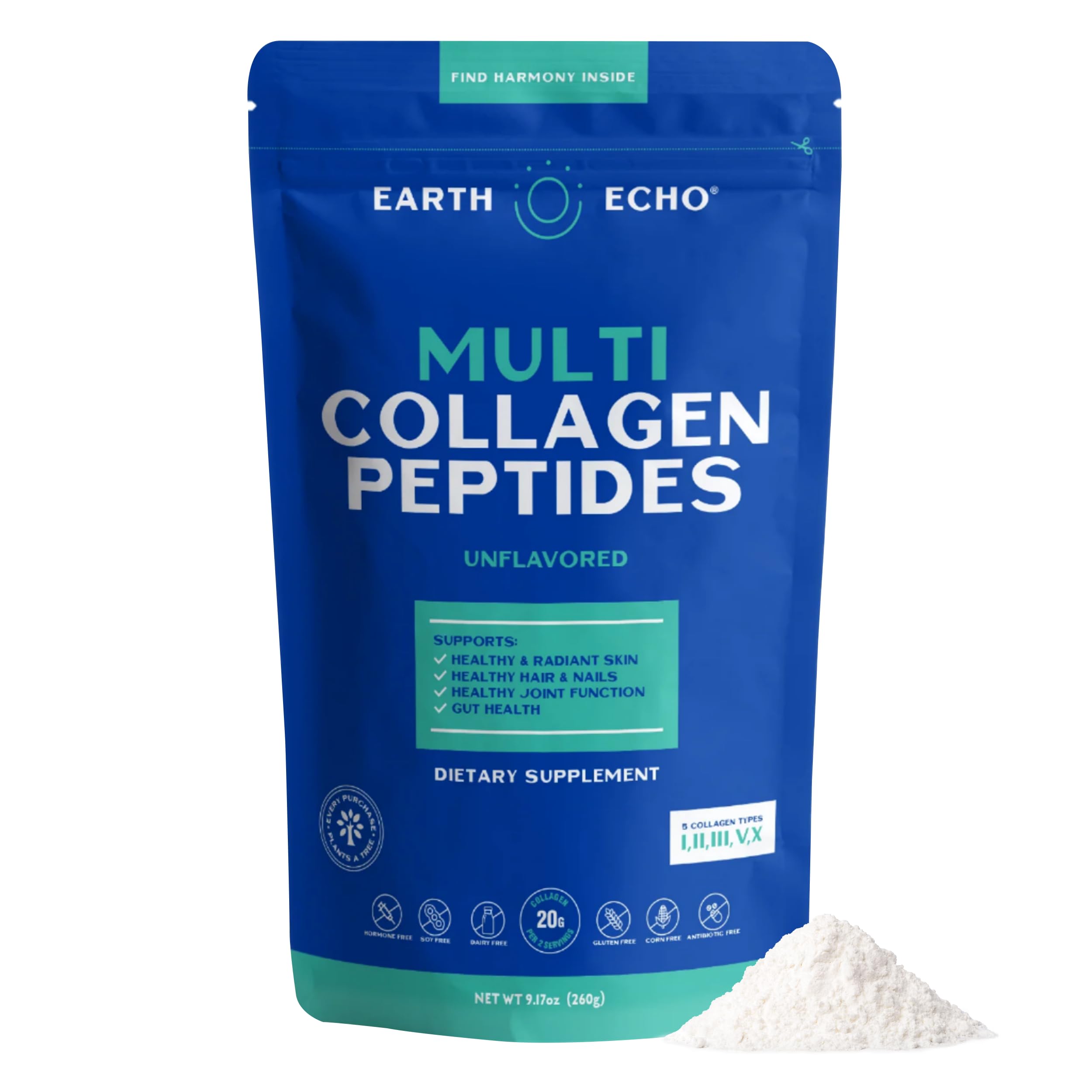 Earth Echo Multi Collagen unflavored bottle, supports skin hydration and joint mobility.