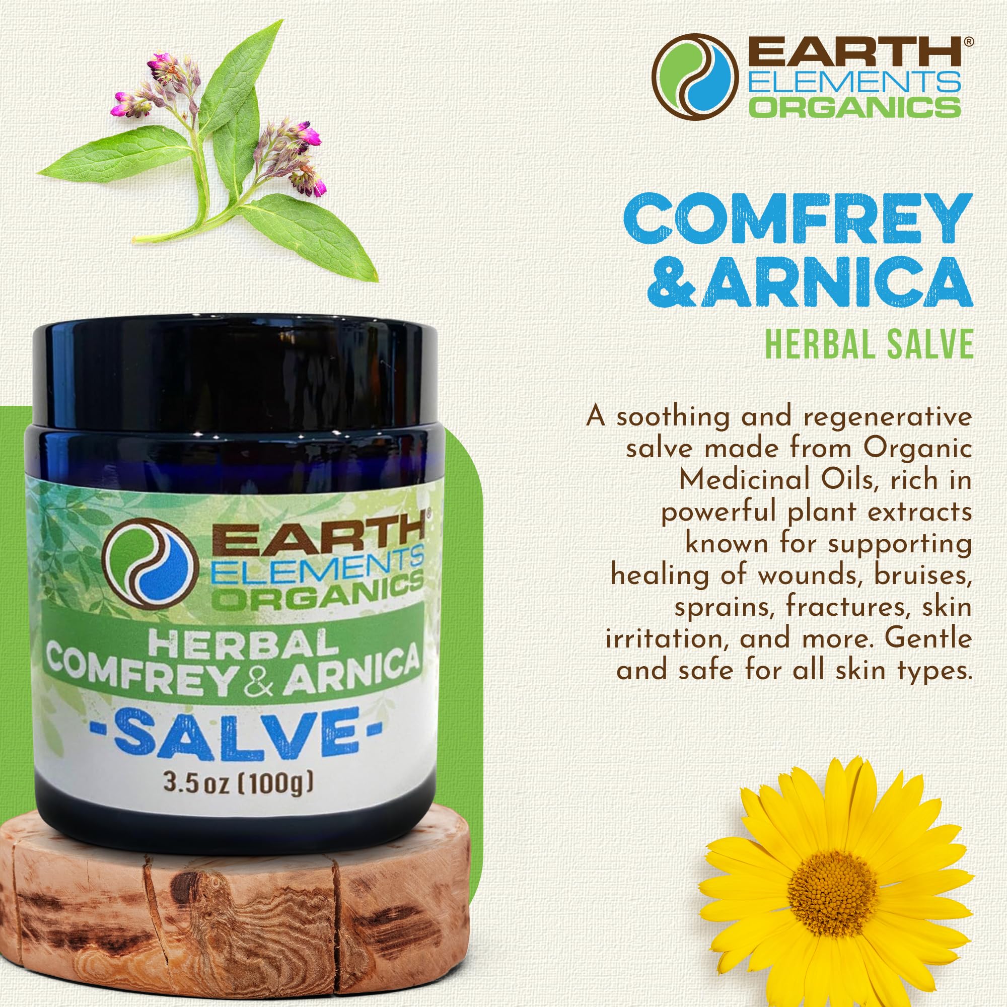 Earth Elements Organics salve ingredients close-up with arnica and comfrey