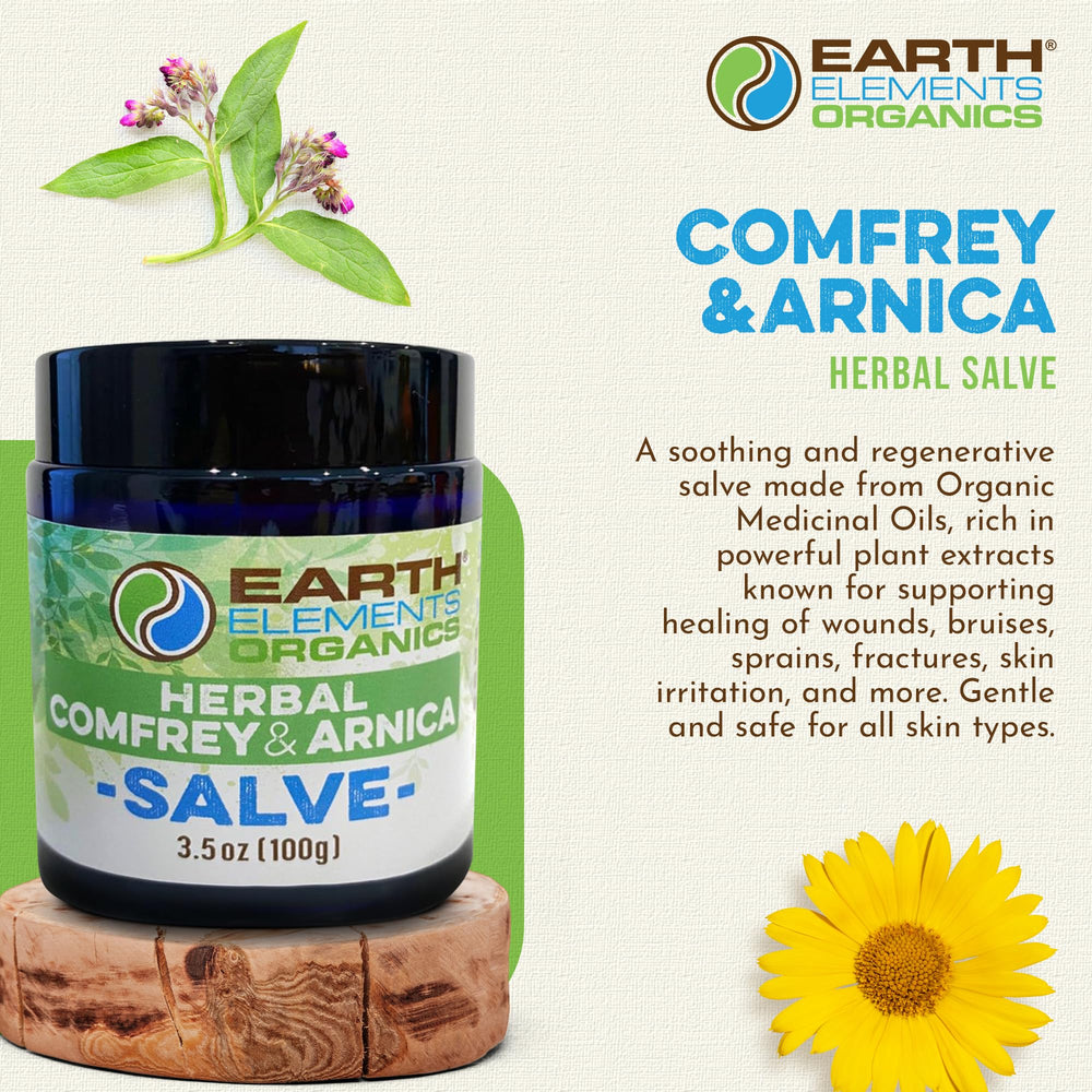 Earth Elements Organics salve ingredients close-up with arnica and comfrey