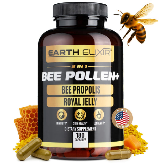 Earth Elixir 3-in-1 bee pollen capsules pack for daily energy and wellness.