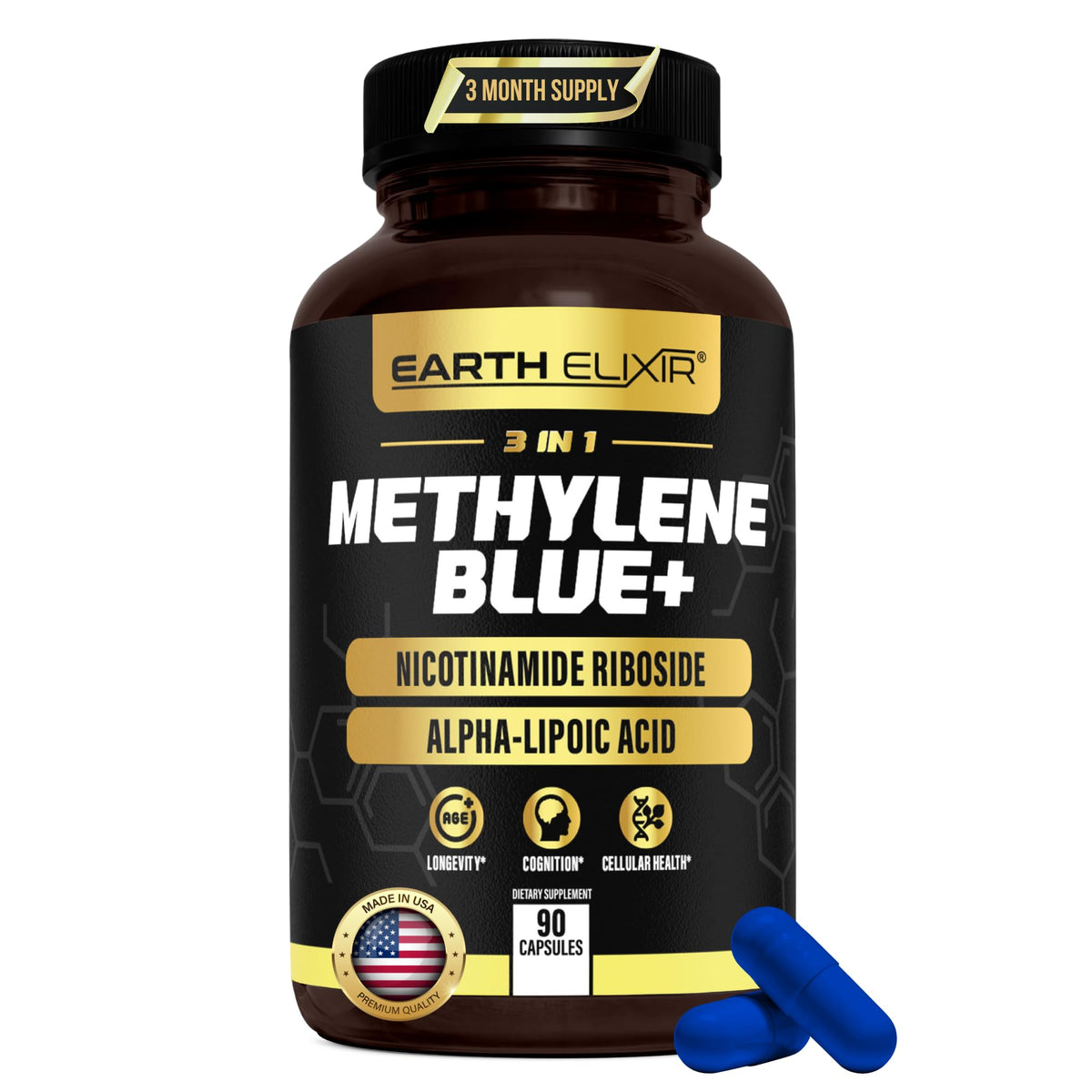 Earth Elixir 3in1 Methylene Blue Capsules bottle for convenient daily dosing