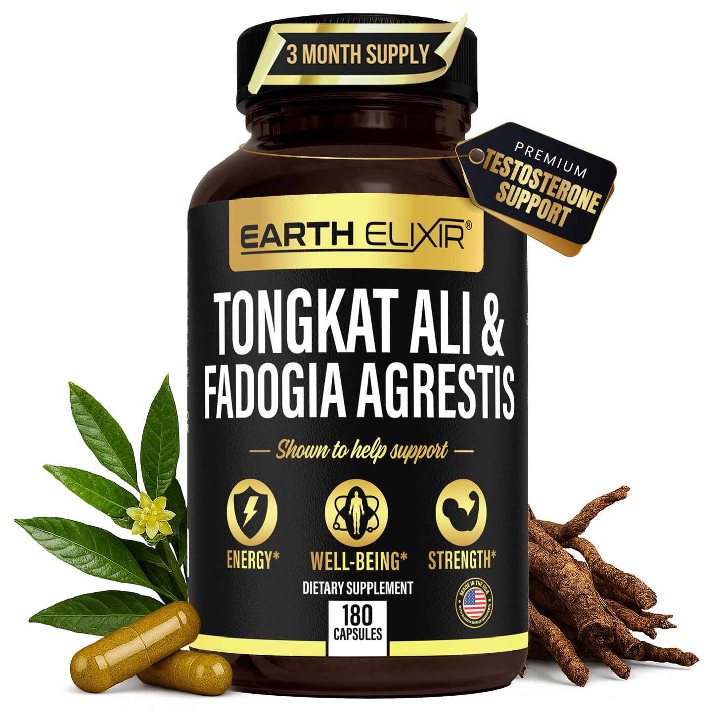 Earth Elixir bottle with fadogia and tongkat capsules for natural energy support