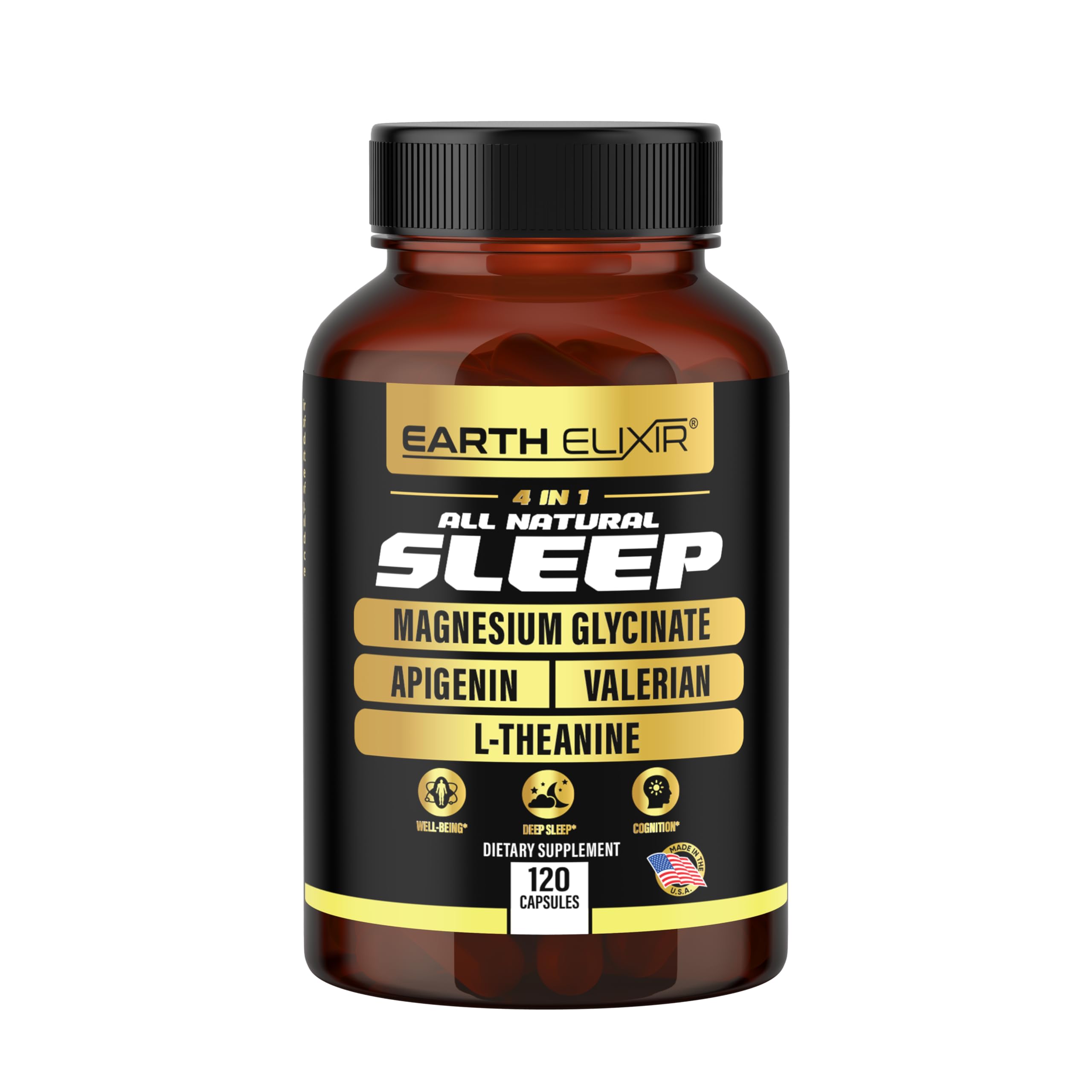Earth Elixir bottle front label shows premium sleep support.