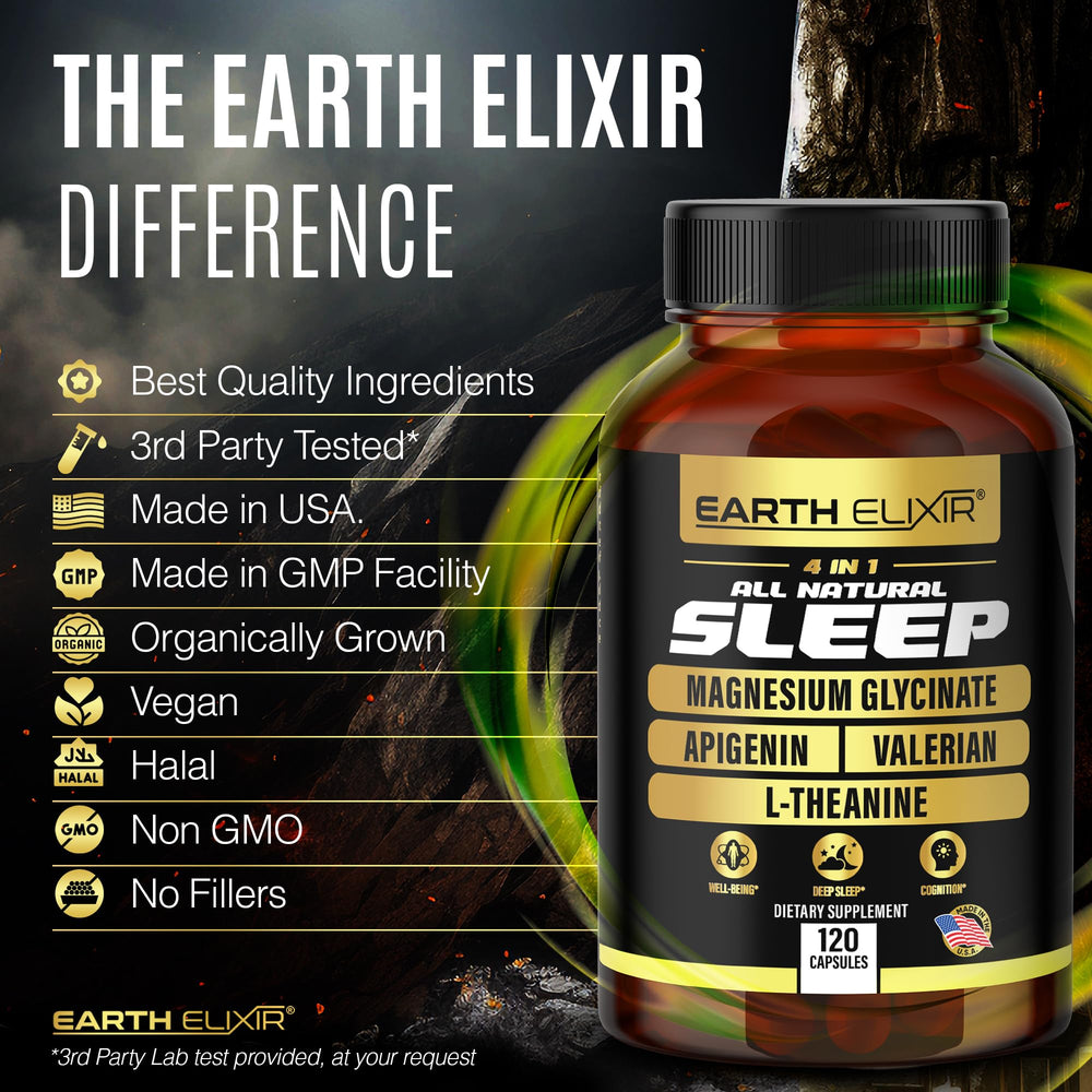 Earth Elixir capsules near night-stand suggest easy nightly intake.