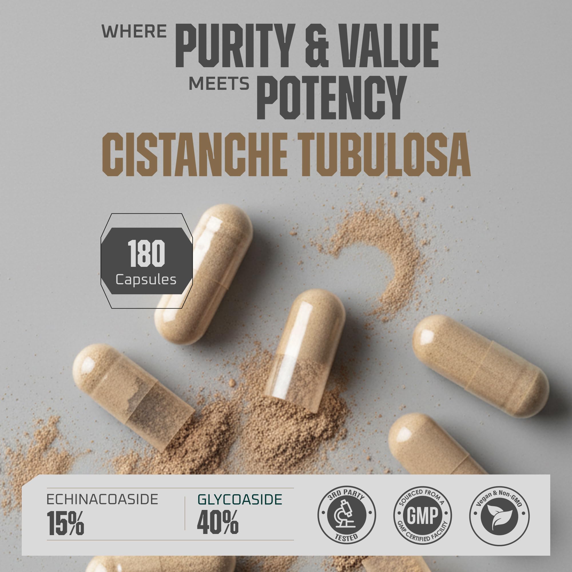 Earth Elixir Cistanche capsules closeup showcases potent herbal extract for stamina.