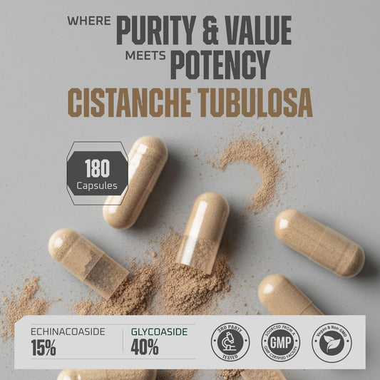 Earth Elixir Cistanche capsules closeup showcases potent herbal extract for stamina.