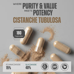 Earth Elixir Cistanche capsules closeup showcases potent herbal extract for stamina.