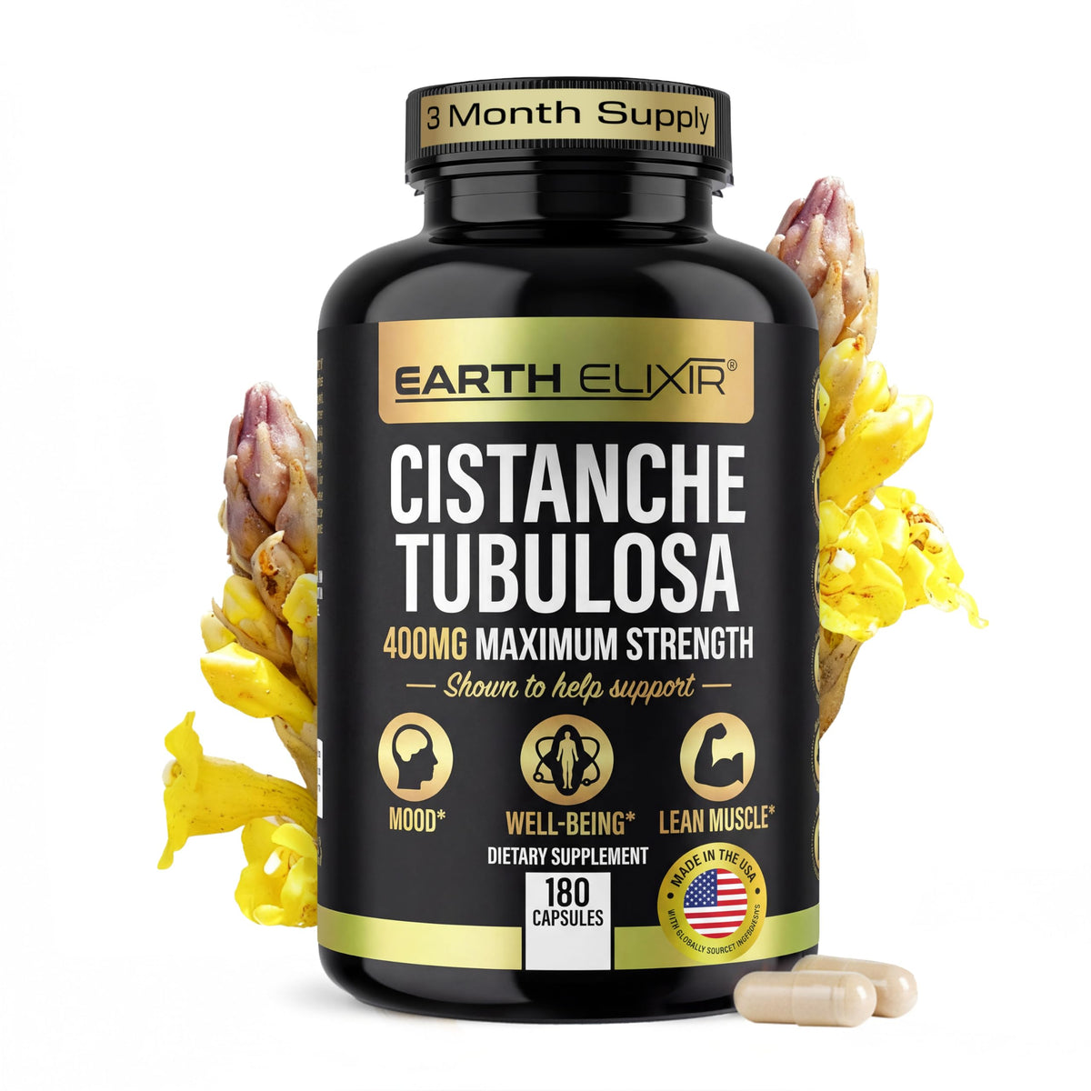 Earth Elixir Cistanche supplement bottle supports daily vitality with a clean capsule routine.