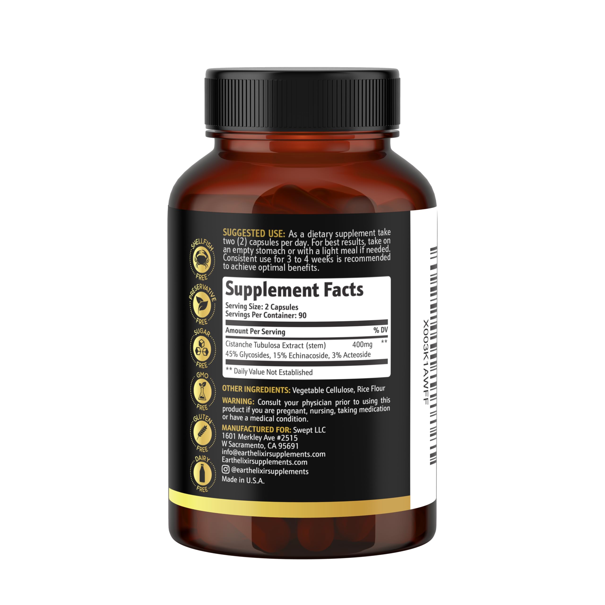 Earth Elixir front label on USA-made bottle highlights third-party tested quality.