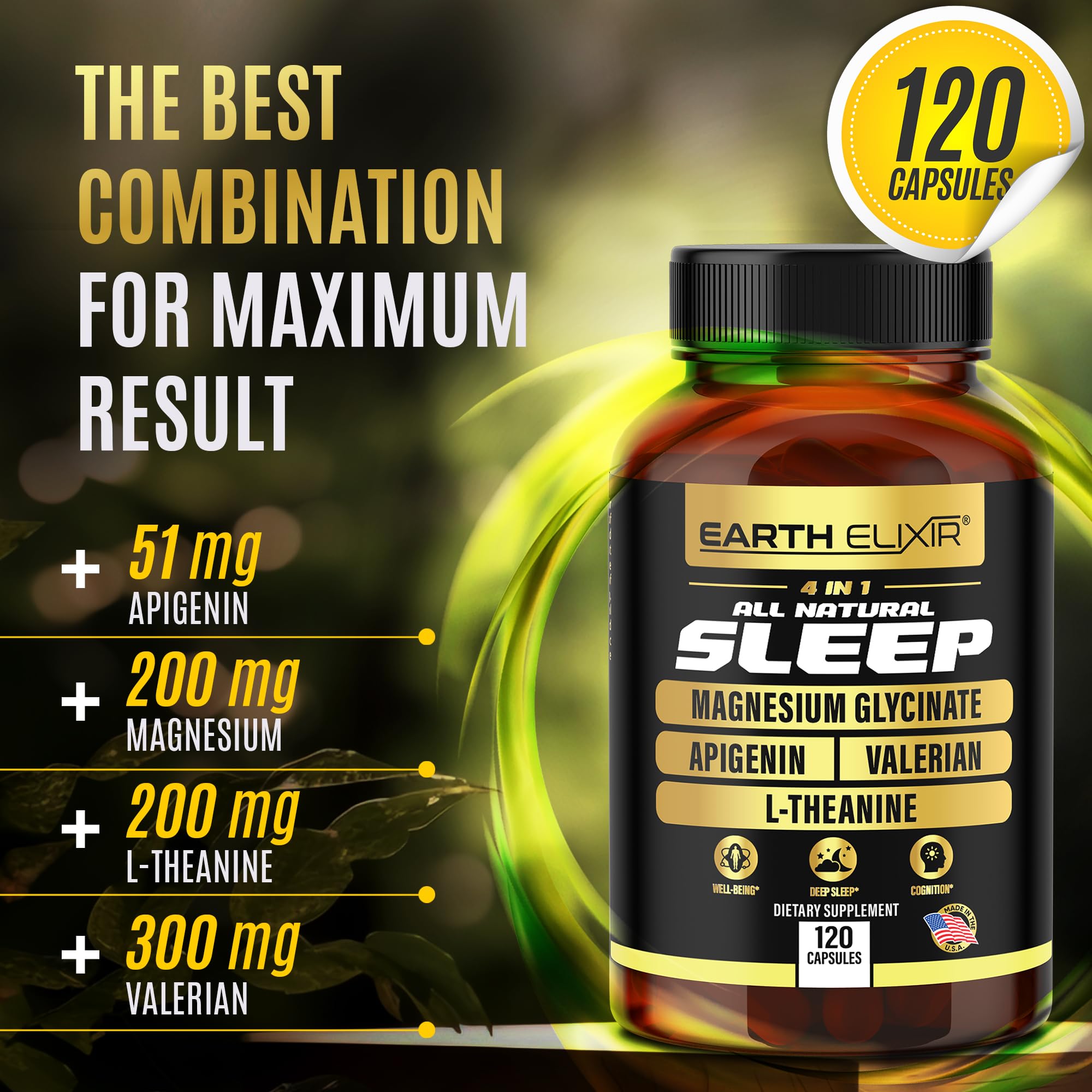 Earth Elixir L-Theanine capsules promote relaxed focus for bedtime routines.