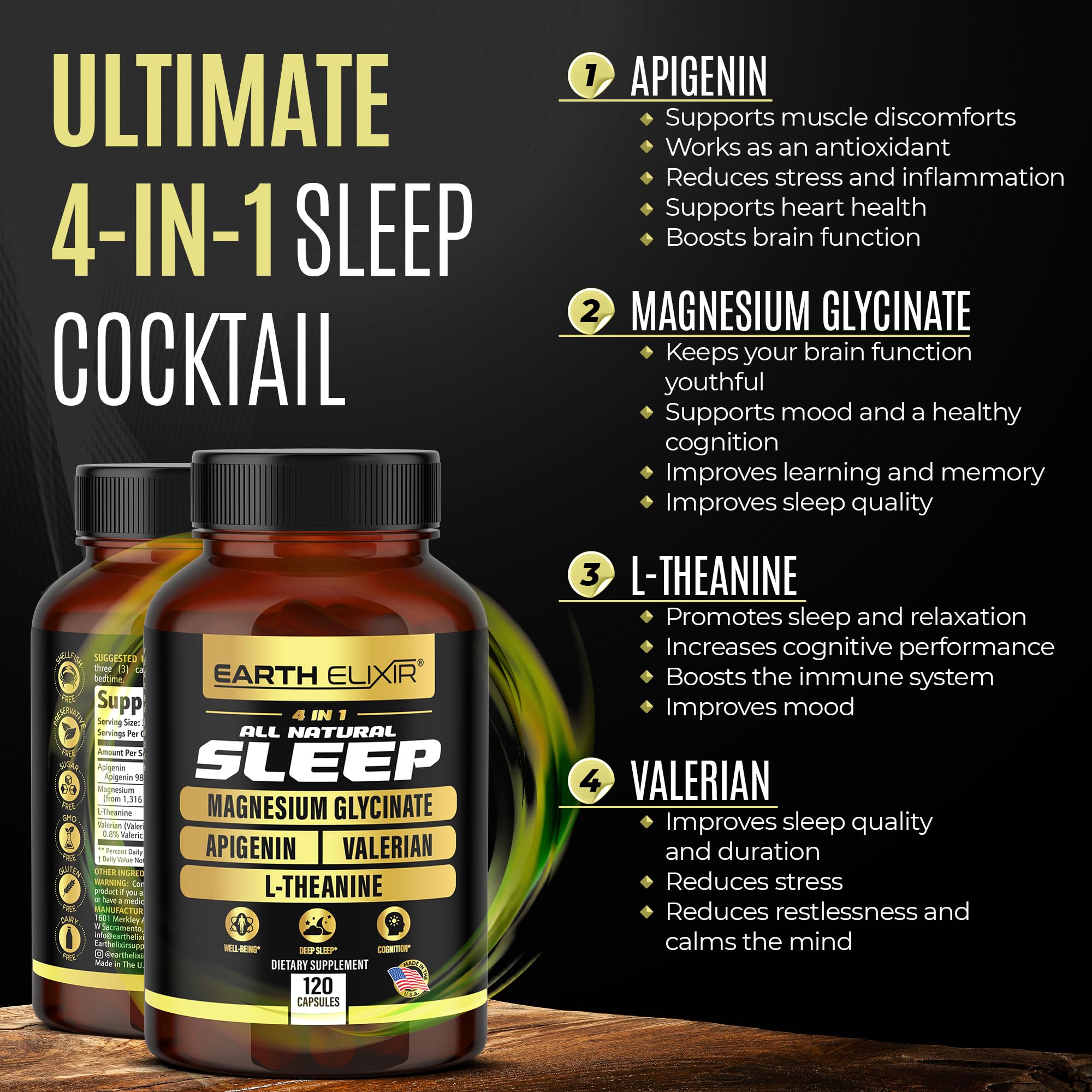 Earth Elixir magnesium glycinate capsules highlight sleep-friendly mineral support.