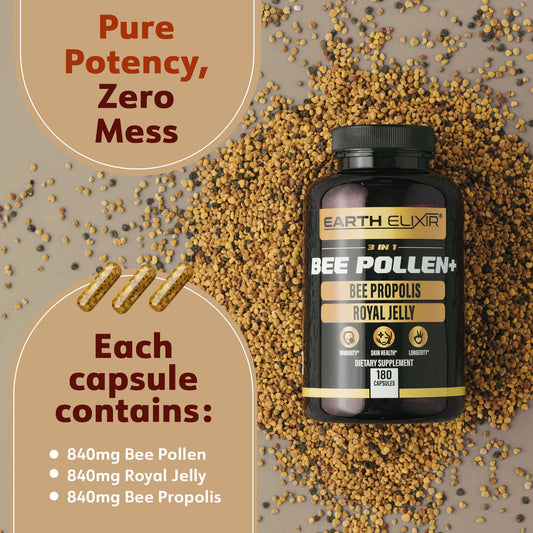 Earth Elixir royal jelly capsules bottle close-up highlighting vitality and daily use.