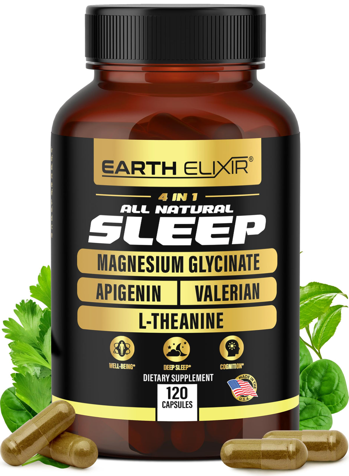 Earth Elixir Sleep Aid 4-in-1 bottle shown ready for bedtime relaxation.