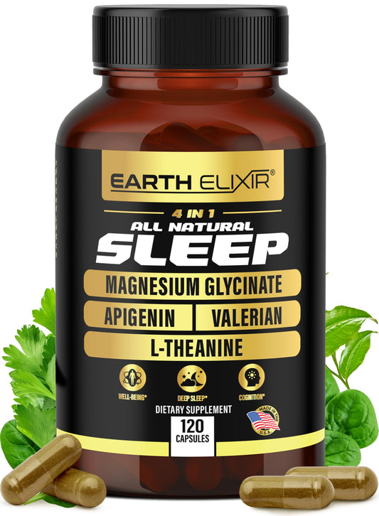 Earth Elixir Sleep Aid 4-in-1 bottle shown ready for bedtime relaxation.