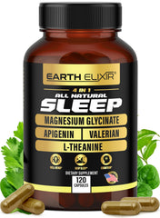 Earth Elixir Sleep Aid 4-in-1 bottle shown ready for bedtime relaxation.
