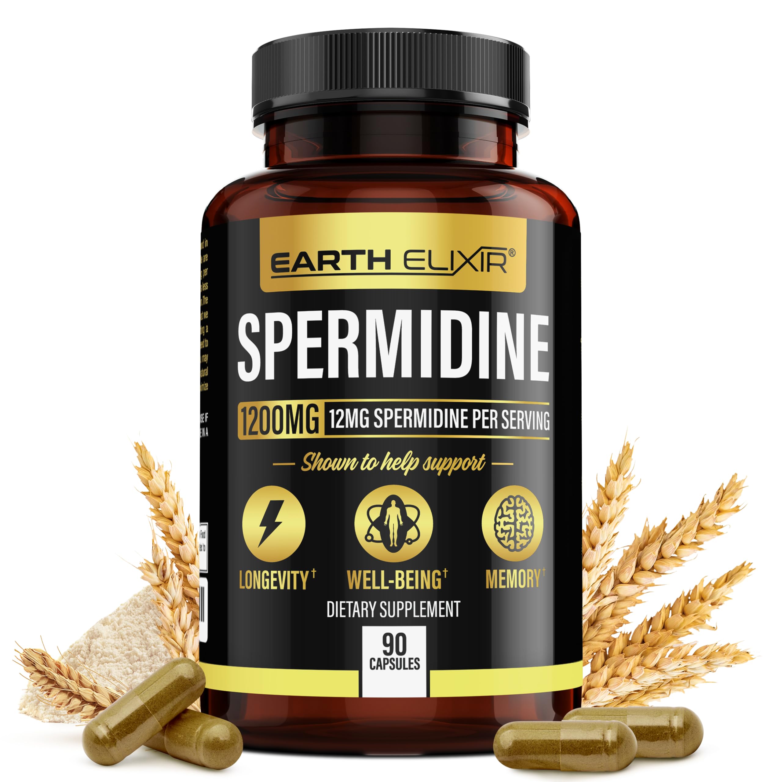 Earth Elixir Spermidine bottle pour shows a 12 mg serving from fermented wheat germ.