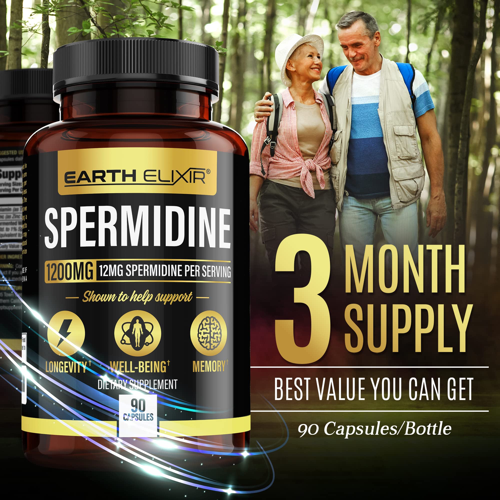 Earth Elixir Spermidine packaging notes gluten-free and non-GMO safety.