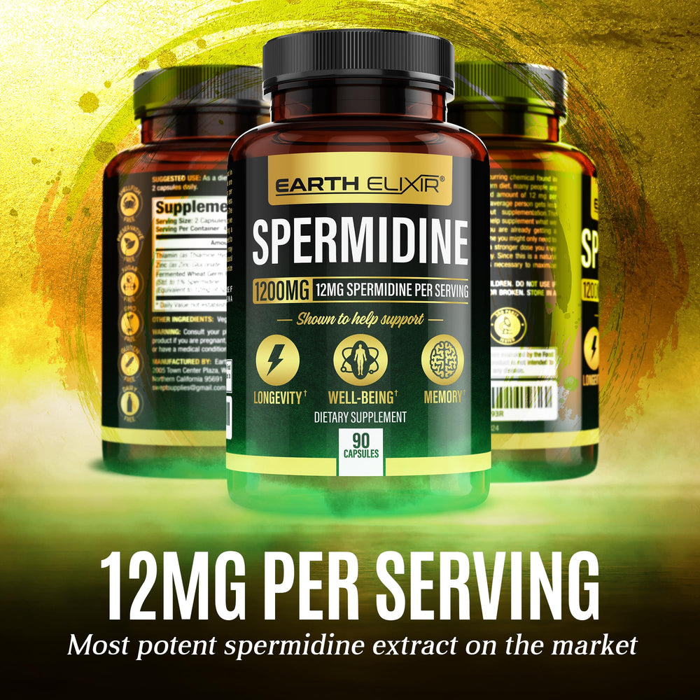 Earth Elixir Spermidine label view emphasizing fermented wheat germ ingredient.