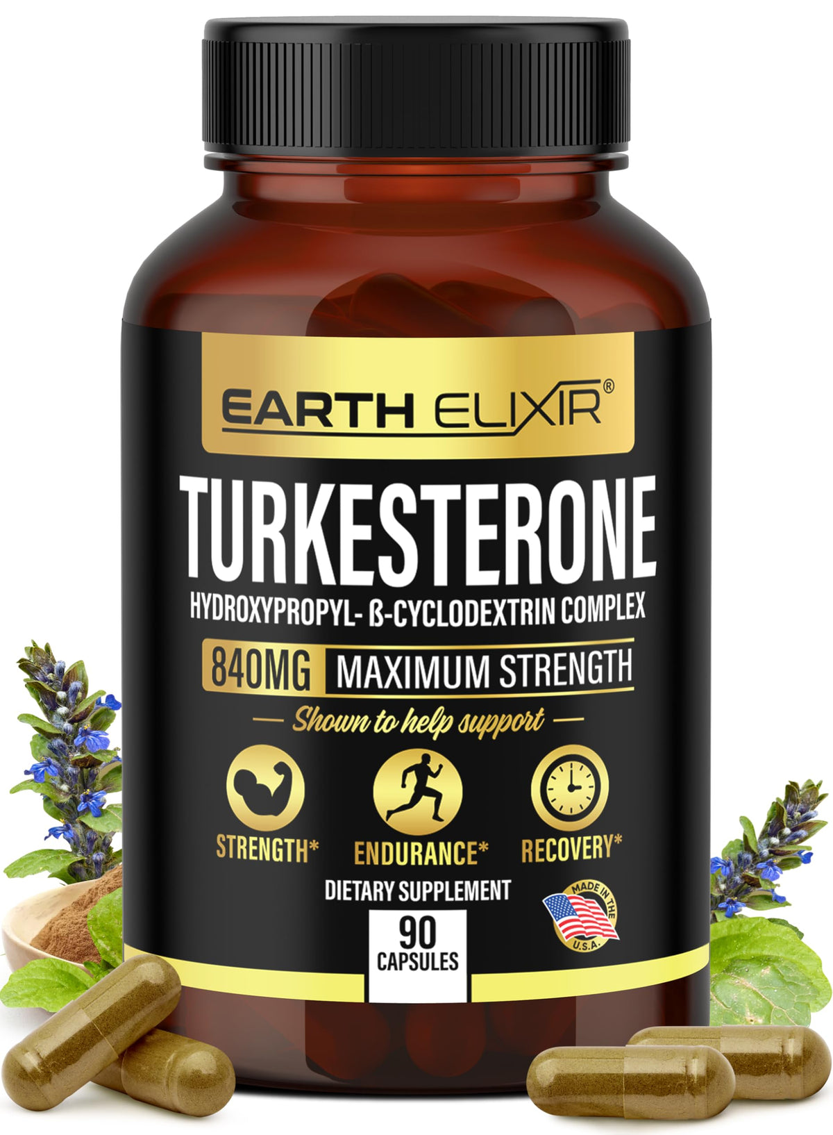 Earth Elixir Turkesterone bottle front with Ajuga Turkestanica for athletic support.