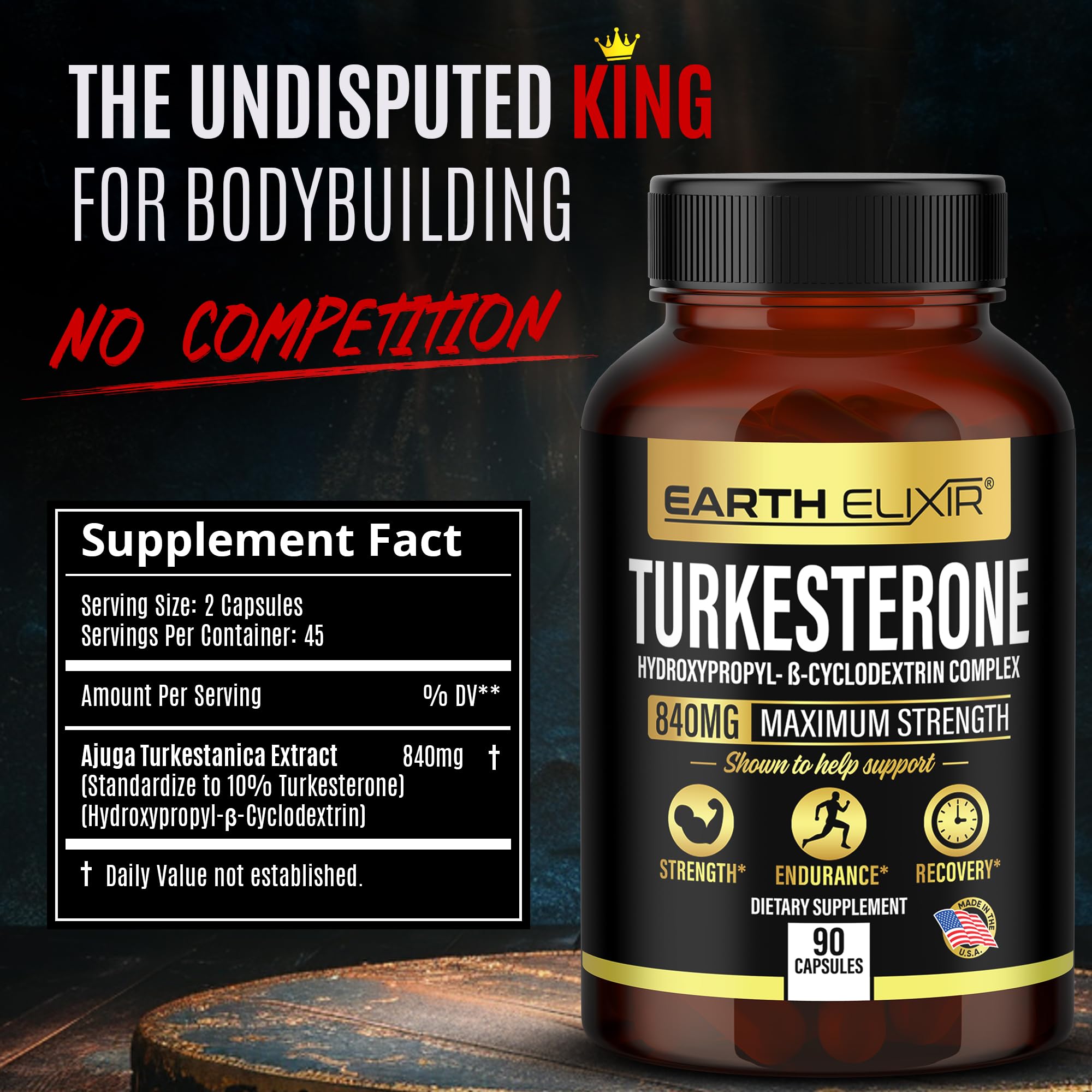 Earth Elixir Turkesterone bottle label close-up highlighting Ajuga Turkestanica extract.