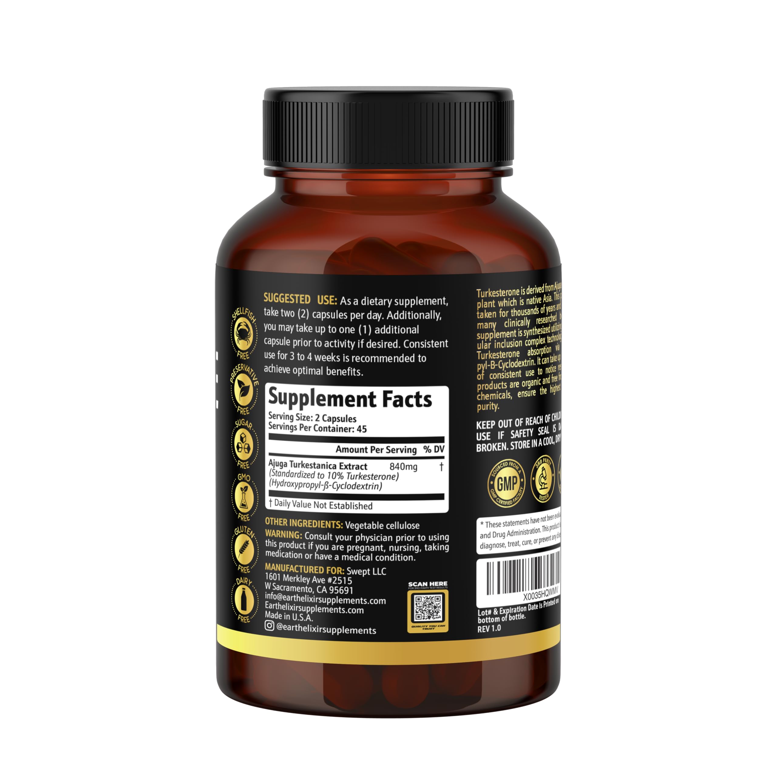 Earth Elixir Turkesterone ingredient illustration emphasizes Ajuga Turkestanica extract.