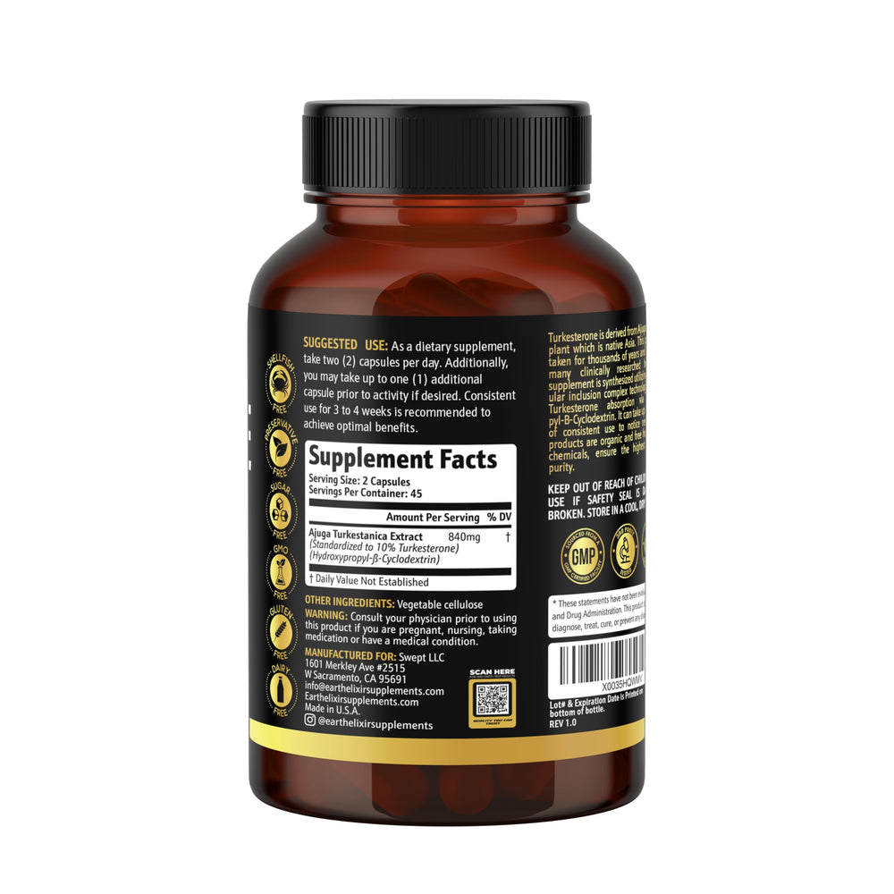 Earth Elixir Turkesterone ingredient illustration emphasizes Ajuga Turkestanica extract.