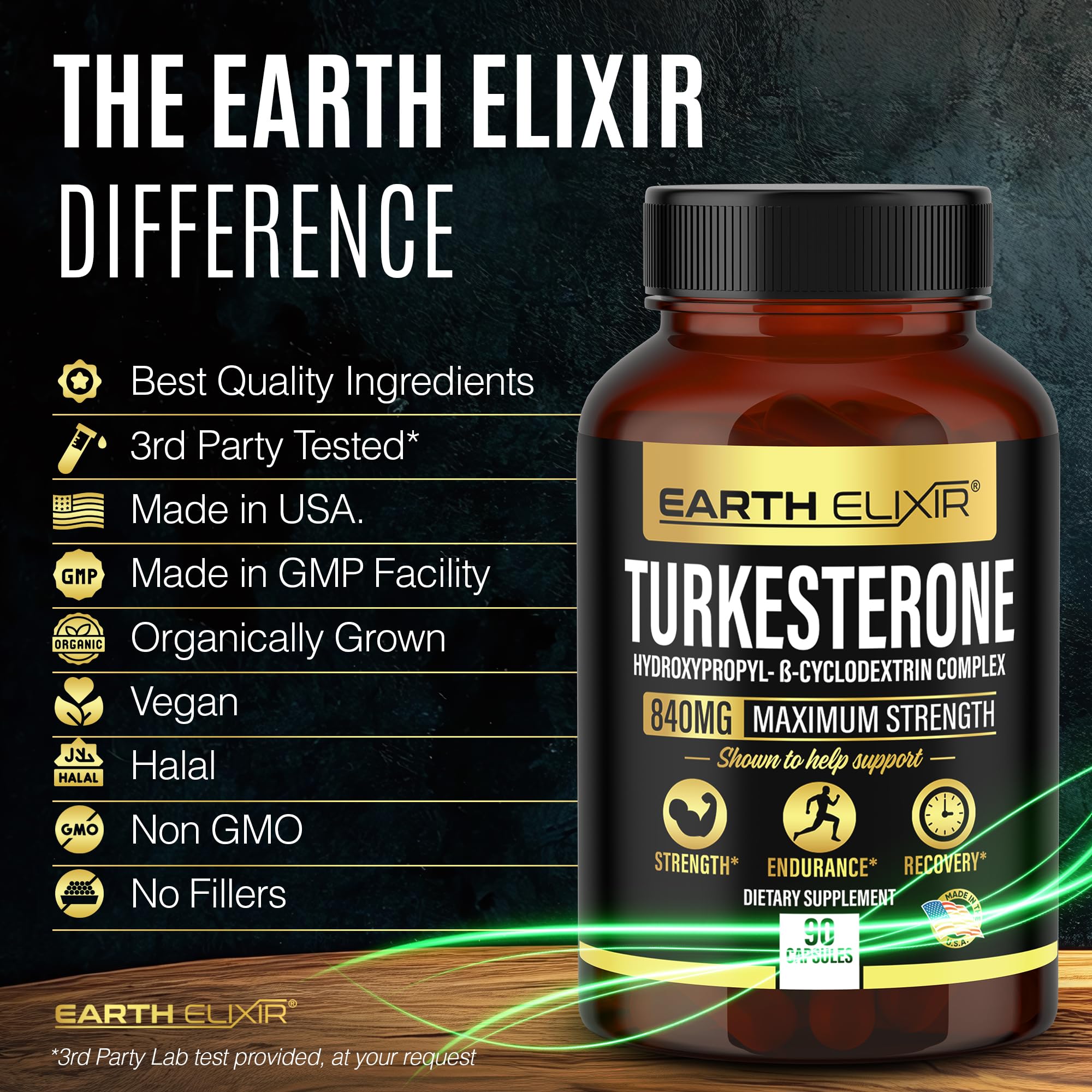 Earth Elixir Turkesterone third-party testing seal demonstrates transparency.