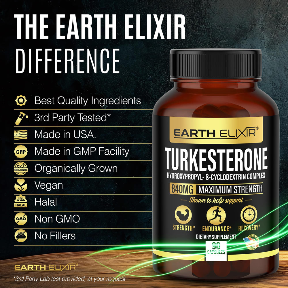 Earth Elixir Turkesterone third-party testing seal demonstrates transparency.