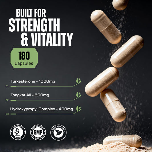 Earth Elixir Turkesterone & Tongkat Ali capsules close-up for easy daily dosing