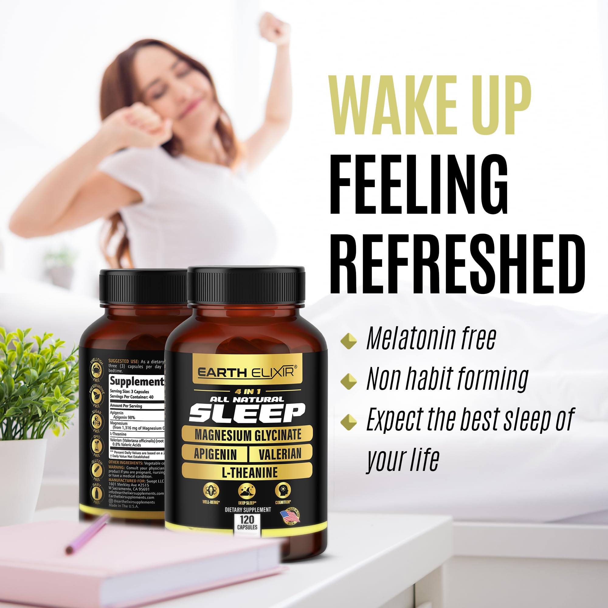 Earth Elixir valerian root capsules emphasize natural sleep comfort.